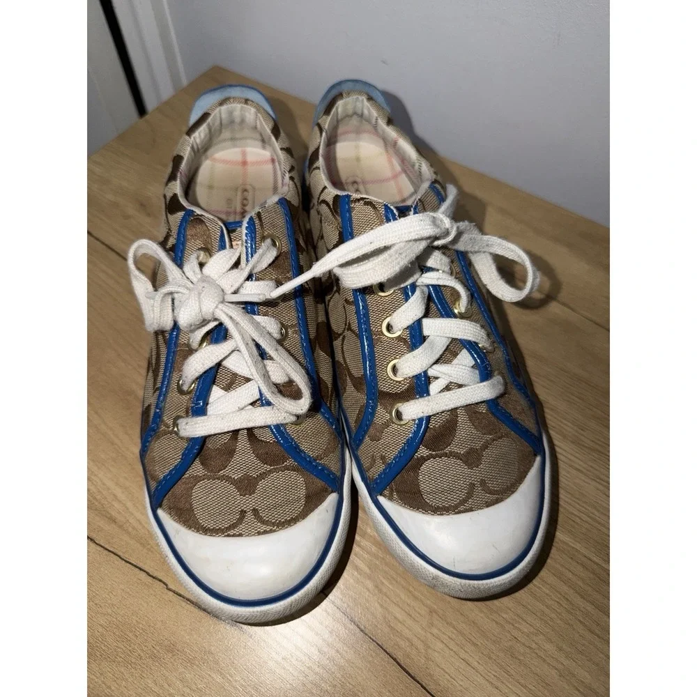 COACH Barrett Signature Canvas Sneakers Women's Size 7.5 Brown Khaki Blue L